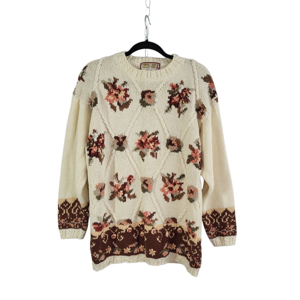 VTG Crystal Kobe 3D Floral Knit Sweater‎ L Cream Rose Cottage Romantic Grandma